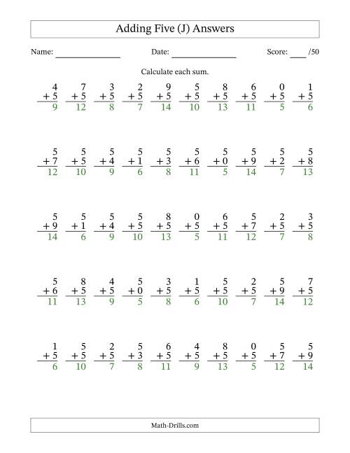 The Adding Five With The Other Addend From 0 to 9 – 50 Questions (J) Math Worksheet Page 2