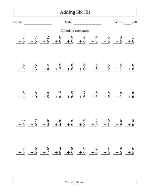 The Adding Six With The Other Addend From 0 to 9 – 50 Questions (B) Math Worksheet