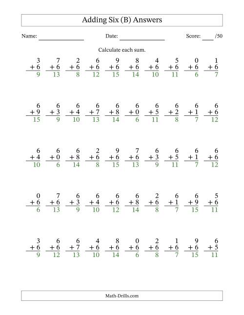 The Adding Six With The Other Addend From 0 to 9 – 50 Questions (B) Math Worksheet Page 2