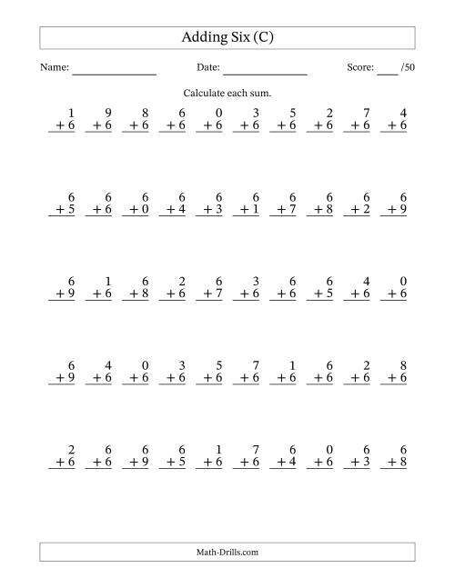 The Adding Six With The Other Addend From 0 to 9 – 50 Questions (C) Math Worksheet