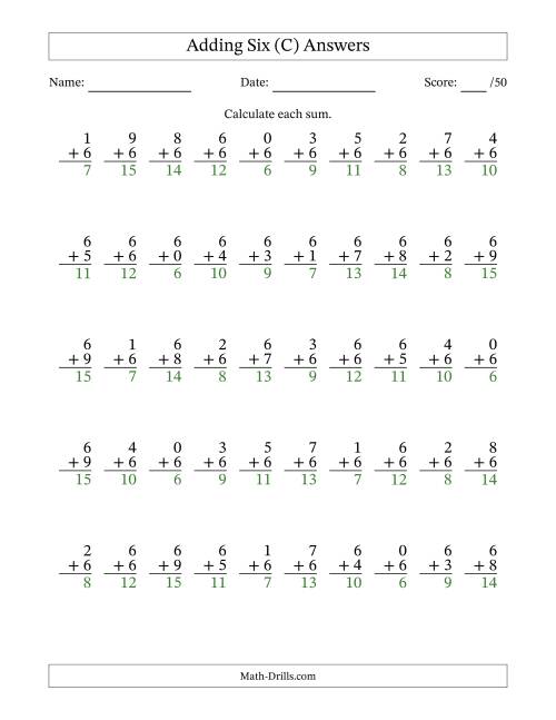 The Adding Six With The Other Addend From 0 to 9 – 50 Questions (C) Math Worksheet Page 2