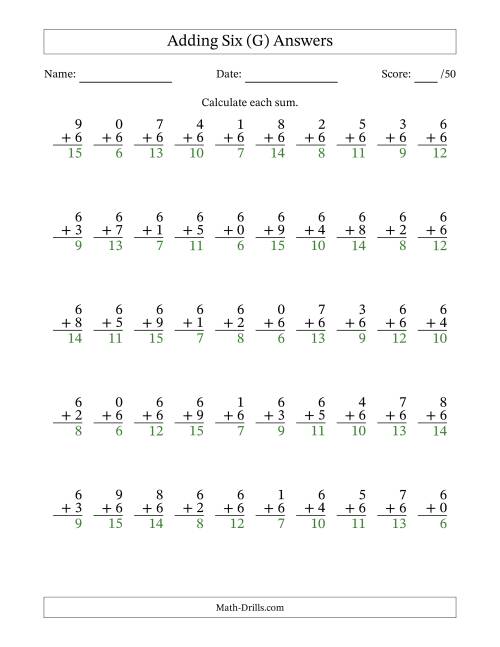 The Adding Six With The Other Addend From 0 to 9 – 50 Questions (G) Math Worksheet Page 2