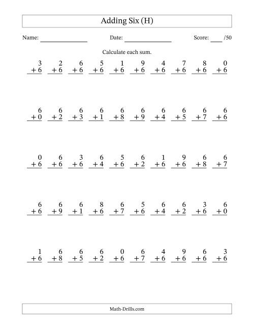 The Adding Six With The Other Addend From 0 to 9 – 50 Questions (H) Math Worksheet