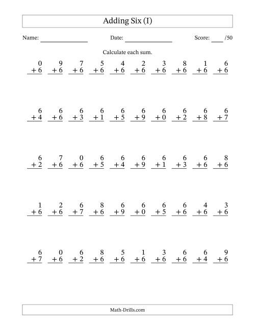 The Adding Six With The Other Addend From 0 to 9 – 50 Questions (I) Math Worksheet