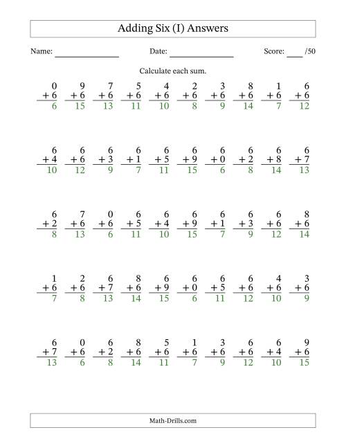 The Adding Six With The Other Addend From 0 to 9 – 50 Questions (I) Math Worksheet Page 2