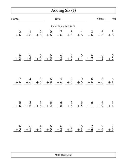The Adding Six With The Other Addend From 0 to 9 – 50 Questions (J) Math Worksheet