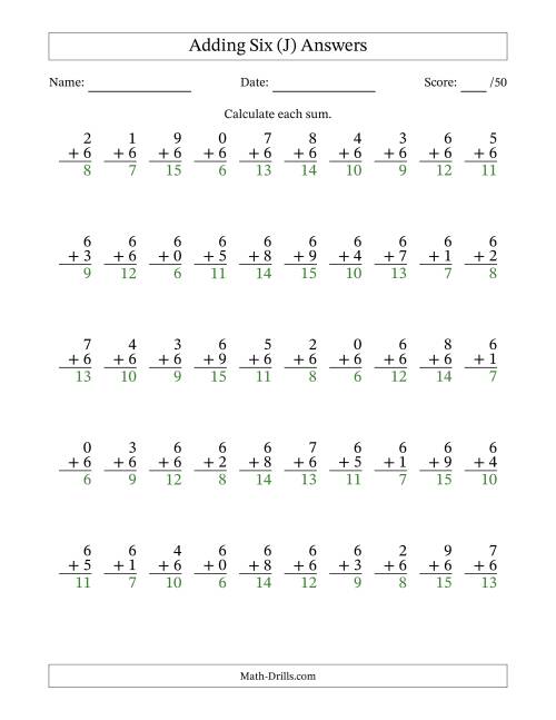 The Adding Six With The Other Addend From 0 to 9 – 50 Questions (J) Math Worksheet Page 2
