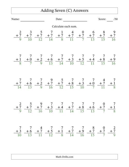 The Adding Seven With The Other Addend From 0 to 9 – 50 Questions (C) Math Worksheet Page 2