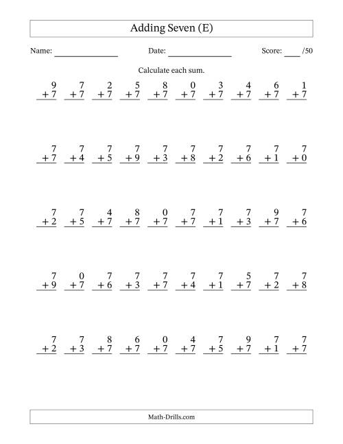 The Adding Seven With The Other Addend From 0 to 9 – 50 Questions (E) Math Worksheet