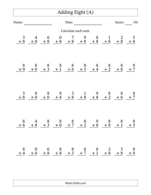 The Adding Eight With The Other Addend From 0 to 9 – 50 Questions (A) Math Worksheet