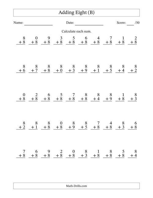 The Adding Eight With The Other Addend From 0 to 9 – 50 Questions (B) Math Worksheet