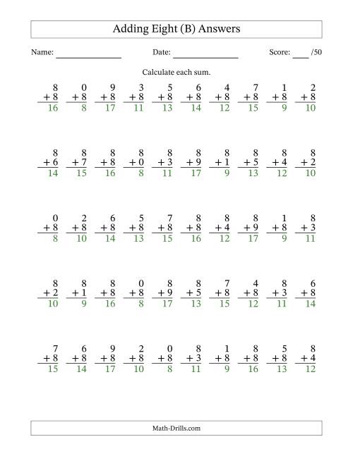 The Adding Eight With The Other Addend From 0 to 9 – 50 Questions (B) Math Worksheet Page 2