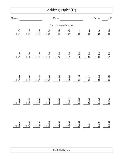 The Adding Eight With The Other Addend From 0 to 9 – 50 Questions (C) Math Worksheet