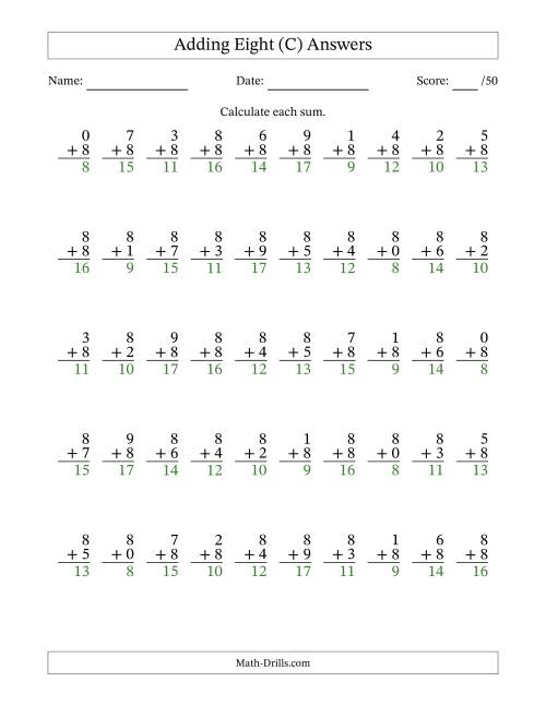 The Adding Eight With The Other Addend From 0 to 9 – 50 Questions (C) Math Worksheet Page 2