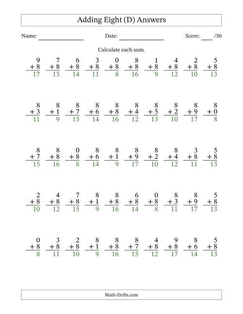 The Adding Eight With The Other Addend From 0 to 9 – 50 Questions (D) Math Worksheet Page 2