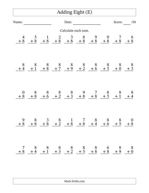 The Adding Eight With The Other Addend From 0 to 9 – 50 Questions (E) Math Worksheet