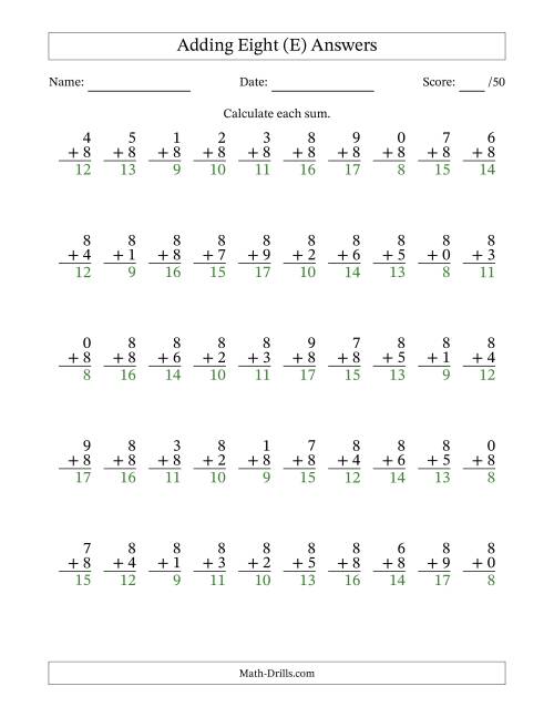 The Adding Eight With The Other Addend From 0 to 9 – 50 Questions (E) Math Worksheet Page 2