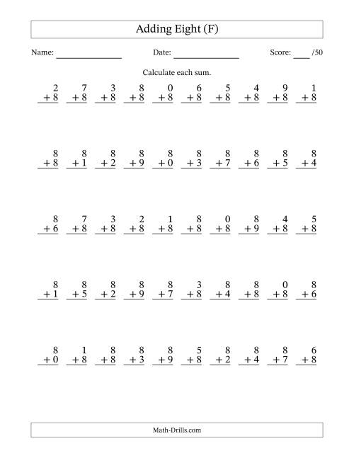 The Adding Eight With The Other Addend From 0 to 9 – 50 Questions (F) Math Worksheet