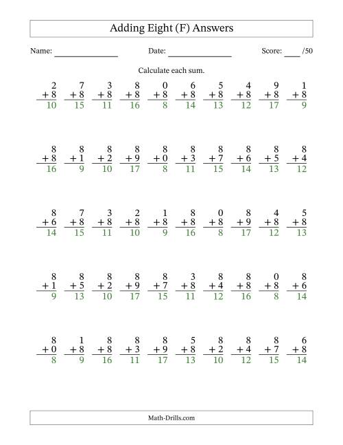 The Adding Eight With The Other Addend From 0 to 9 – 50 Questions (F) Math Worksheet Page 2