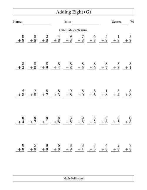 The Adding Eight With The Other Addend From 0 to 9 – 50 Questions (G) Math Worksheet