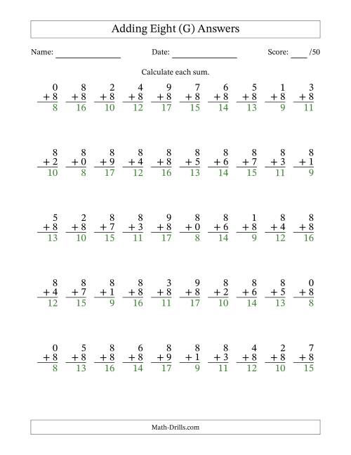 The Adding Eight With The Other Addend From 0 to 9 – 50 Questions (G) Math Worksheet Page 2