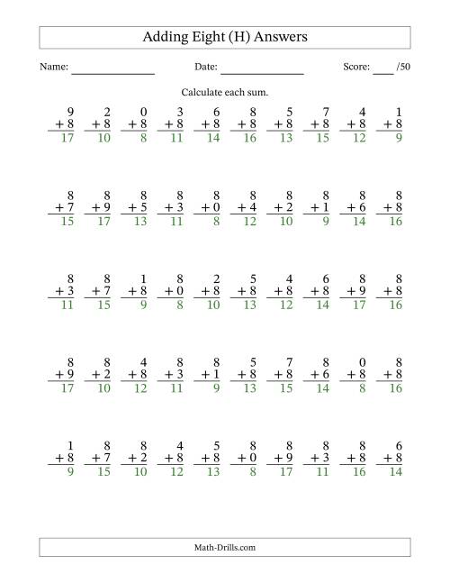 The Adding Eight With The Other Addend From 0 to 9 – 50 Questions (H) Math Worksheet Page 2