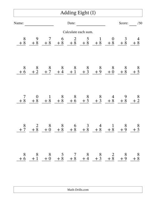 The Adding Eight With The Other Addend From 0 to 9 – 50 Questions (I) Math Worksheet