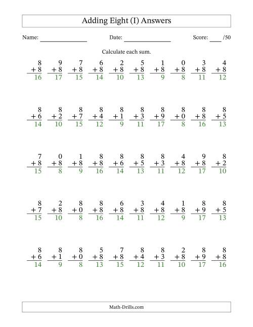 The Adding Eight With The Other Addend From 0 to 9 – 50 Questions (I) Math Worksheet Page 2