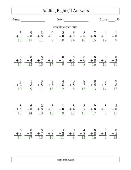 The Adding Eight With The Other Addend From 0 to 9 – 50 Questions (J) Math Worksheet Page 2