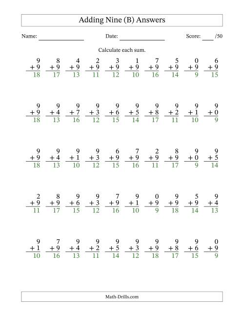 The Adding Nine With The Other Addend From 0 to 9 – 50 Questions (B) Math Worksheet Page 2