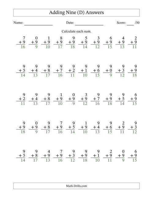 The Adding Nine With The Other Addend From 0 to 9 – 50 Questions (D) Math Worksheet Page 2