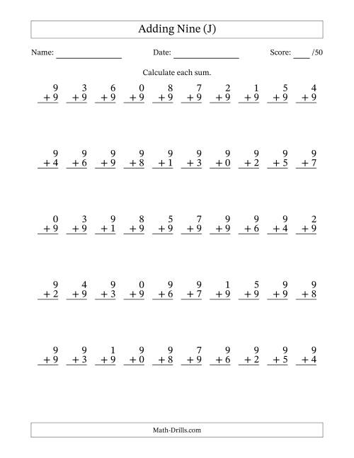 The Adding Nine With The Other Addend From 0 to 9 – 50 Questions (J) Math Worksheet