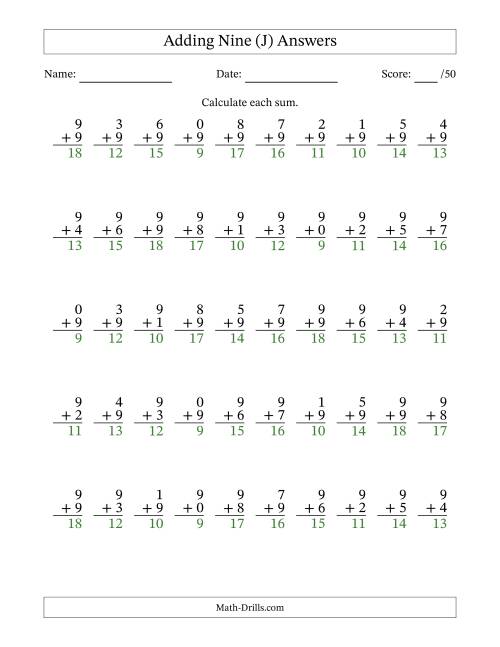 The Adding Nine With The Other Addend From 0 to 9 – 50 Questions (J) Math Worksheet Page 2