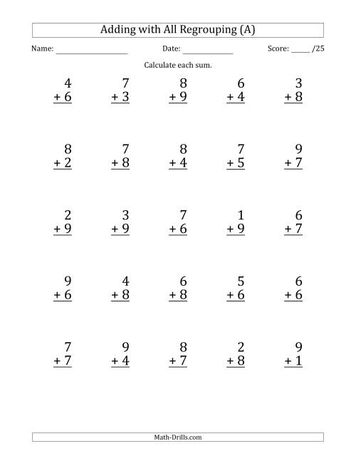 The 25 Single-Digit Addition Questions with All Regrouping (A) Math Worksheet