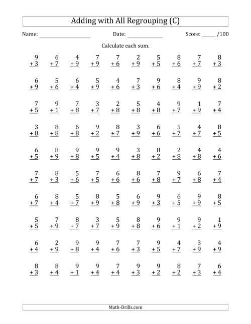 The 100 Single-Digit Addition Questions with All Regrouping (C) Math Worksheet