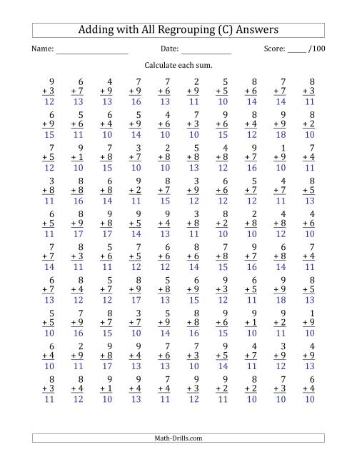 The 100 Single-Digit Addition Questions with All Regrouping (C) Math Worksheet Page 2
