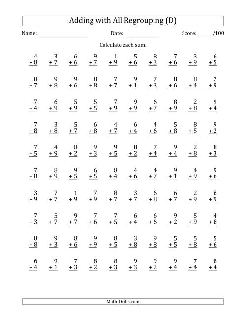 The 100 Single-Digit Addition Questions with All Regrouping (D) Math Worksheet