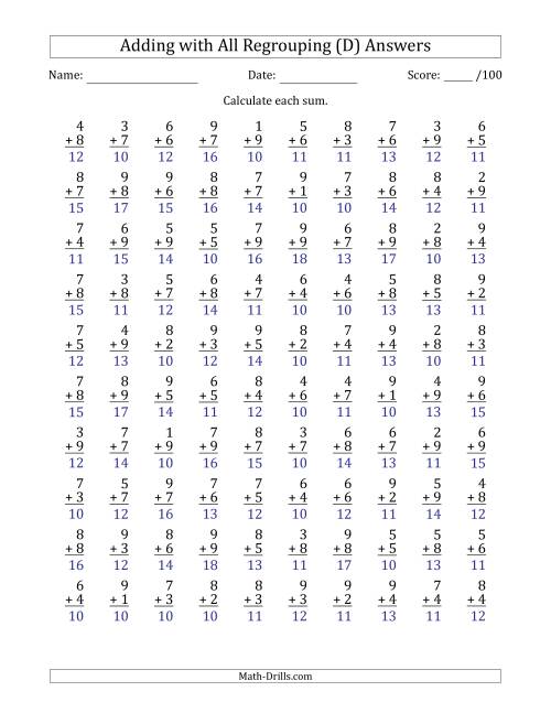 The 100 Single-Digit Addition Questions with All Regrouping (D) Math Worksheet Page 2