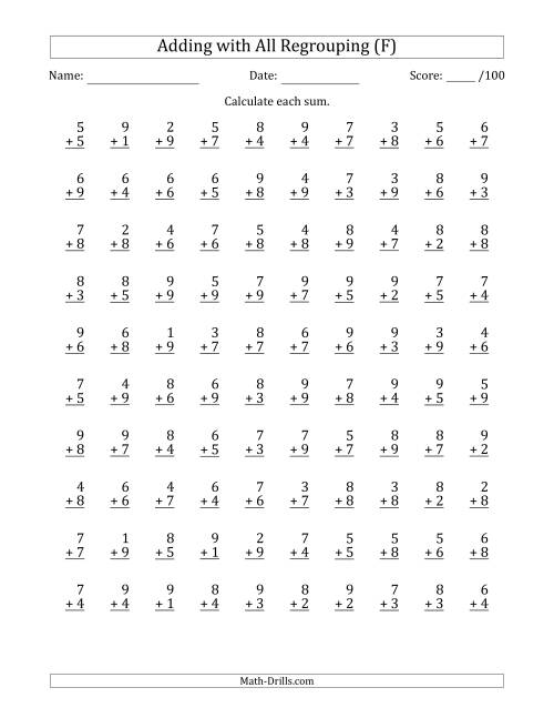 The 100 Single-Digit Addition Questions with All Regrouping (F) Math Worksheet