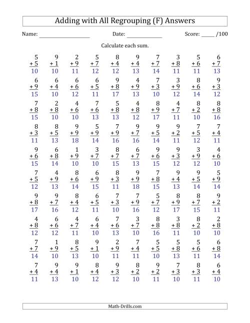 The 100 Single-Digit Addition Questions with All Regrouping (F) Math Worksheet Page 2
