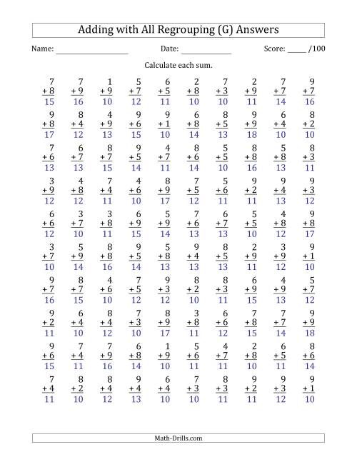 The 100 Single-Digit Addition Questions with All Regrouping (G) Math Worksheet Page 2