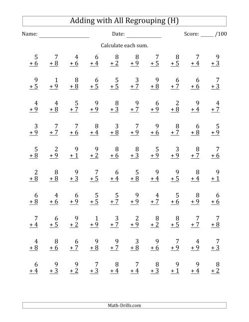 The 100 Single-Digit Addition Questions with All Regrouping (H) Math Worksheet
