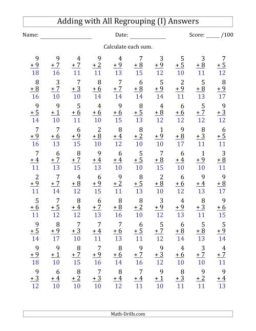 The 100 Single-Digit Addition Questions with All Regrouping (I) Math Worksheet Page 2