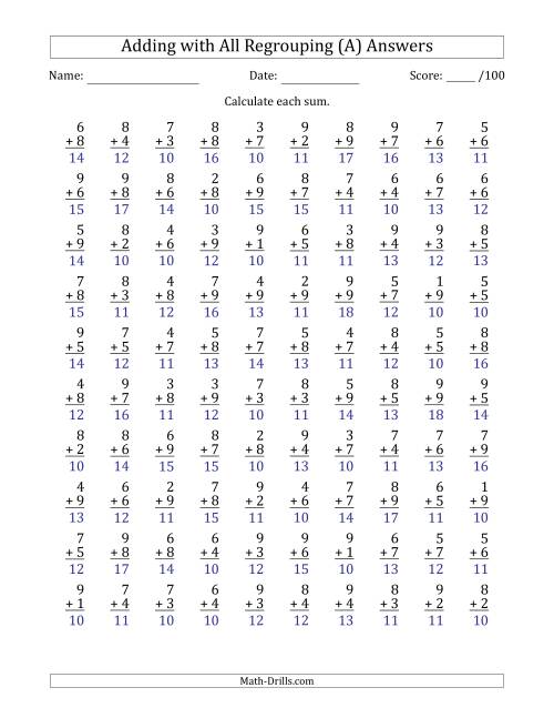 The 100 Single-Digit Addition Questions with All Regrouping (All) Math Worksheet Page 2