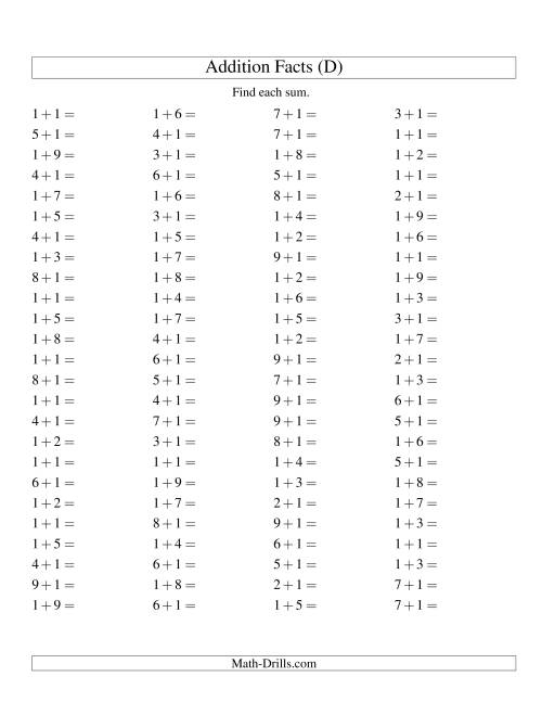 The Single Digit Addition -- 100 Horizontal Questions -- Adding Ones (D) Math Worksheet
