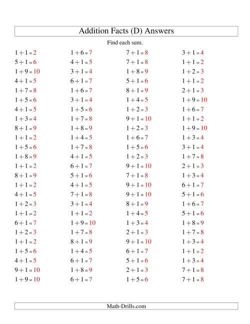 The Single Digit Addition -- 100 Horizontal Questions -- Adding Ones (D) Math Worksheet Page 2