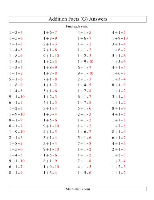 The Single Digit Addition -- 100 Horizontal Questions -- Adding Ones (G) Math Worksheet Page 2