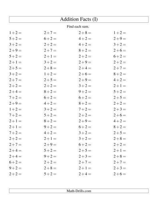 The Single Digit Addition -- 100 Horizontal Questions -- Adding Twos (I) Math Worksheet