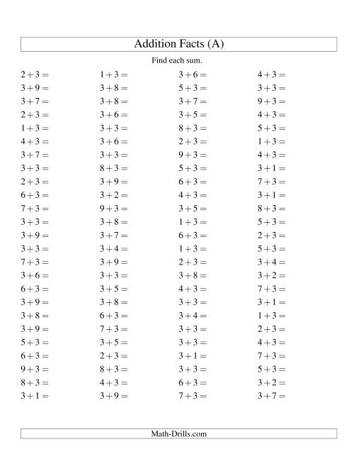 The Single Digit Addition -- 100 Horizontal Questions -- Adding Threes (A) Math Worksheet