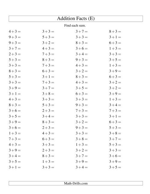 The Single Digit Addition -- 100 Horizontal Questions -- Adding Threes (E) Math Worksheet